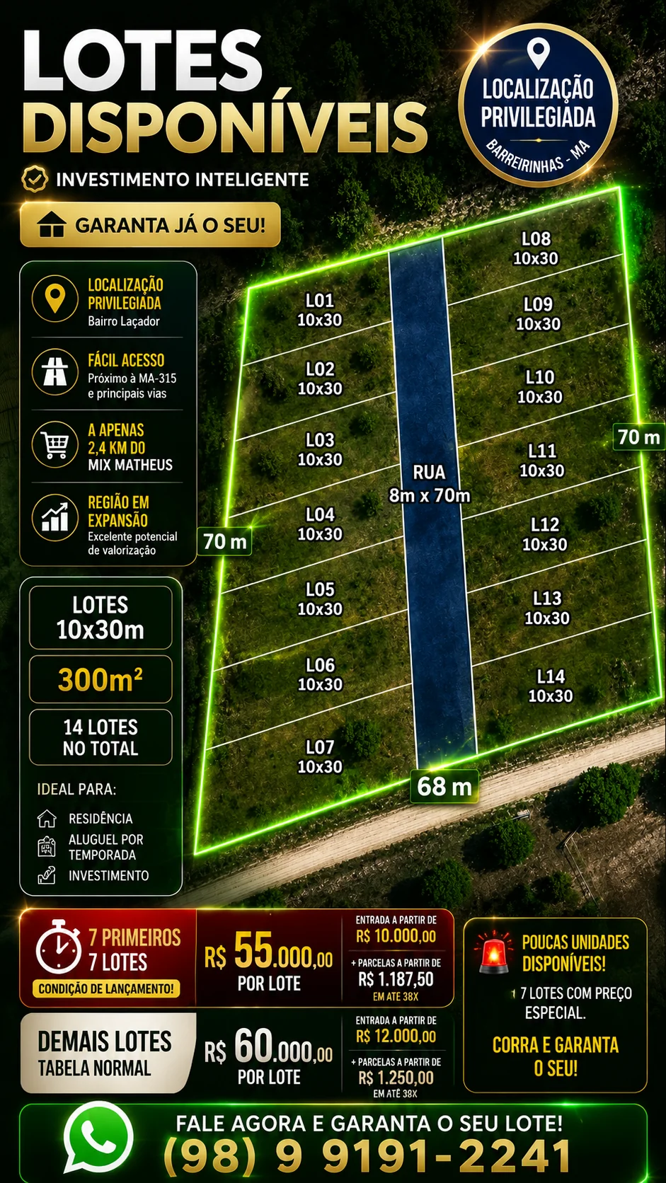 Mapa de implantação dos 14 lotes disponíveis